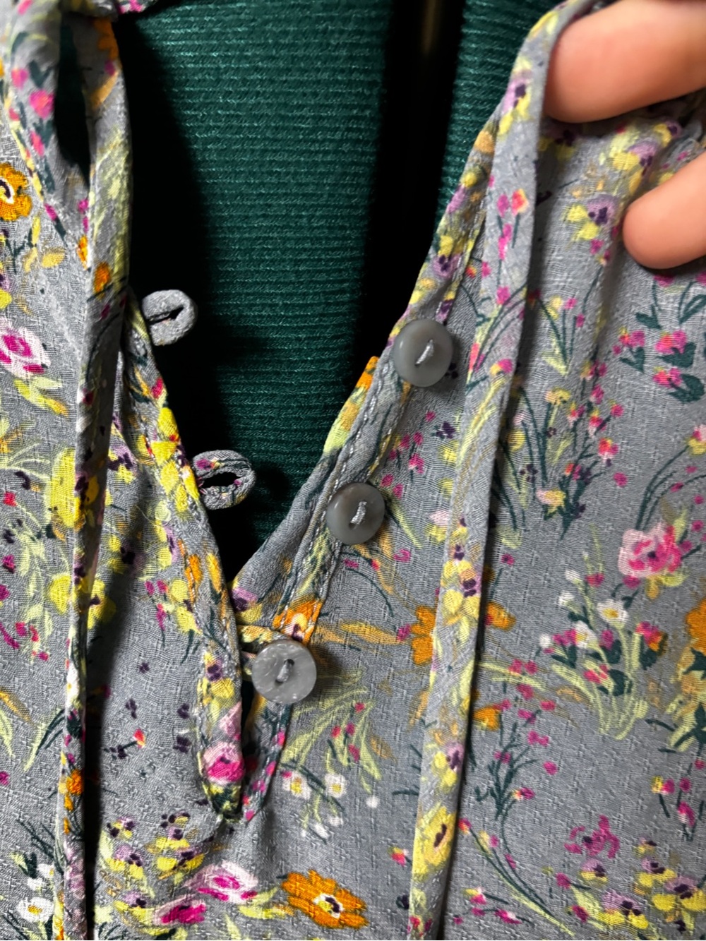 Smocked Yoke Floral Blouse - Gray with Yellow & Pink Flowers - Picture 7 of 8